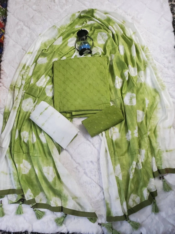 Premium Chickenkari Batik Unstitched Olive Green 3-Piece Dress with 5-Haat Namazi Dupatta