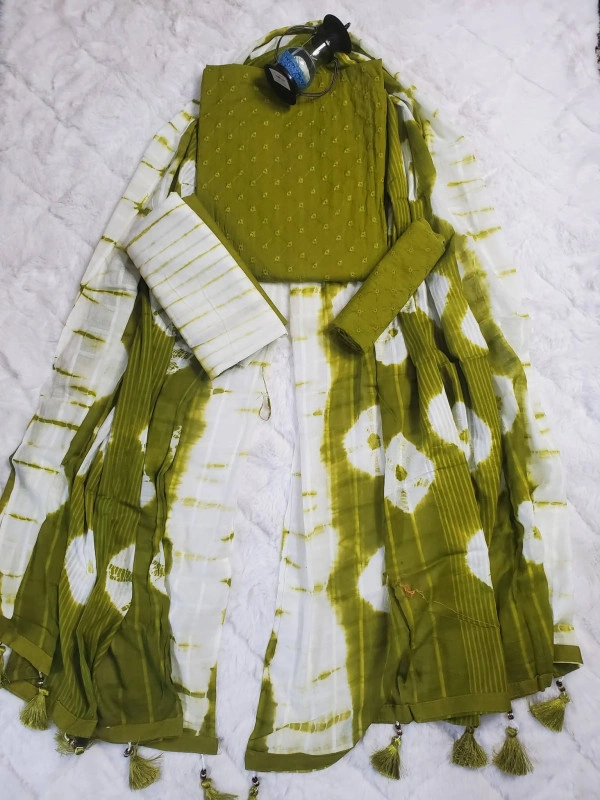 Premium Chickenkari Batik Unstitched Olive Green 3-Piece Dress with 5-Haat Namazi Dupatta